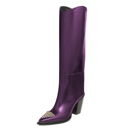 FSJ Women Classic Triangle Rivets Studs Pointed Closed Toe Knee High Boots Chunky Block High Heels Pull On Comfort Casual Office Wear Shoes Size 8.5 Purple