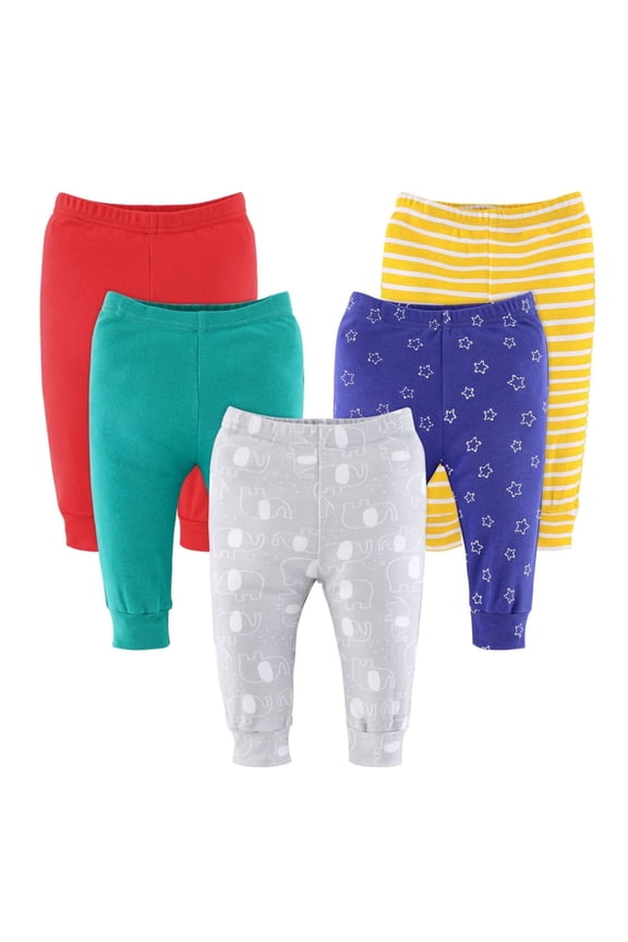 Baby Boy or Girl Pants, 5-Pack, Elephant Brights