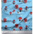thumbnail image 1 of Soimoi Blue Modal Satin Fabric Rabbit & Mushroom Clip Art Print Fabric by the Yard 42 Inch Wide, 1 of 3