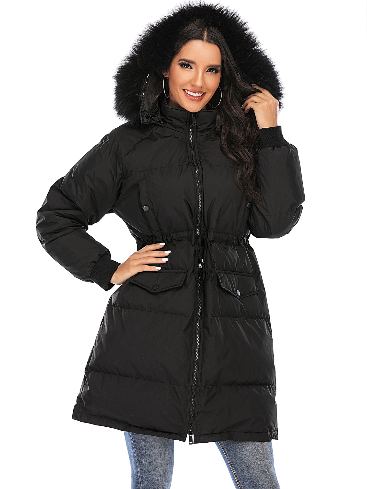 Zeagoo Womens Parka Warm Faux Fur Collar Lightweight Drawstring Hooded Winter Coat 