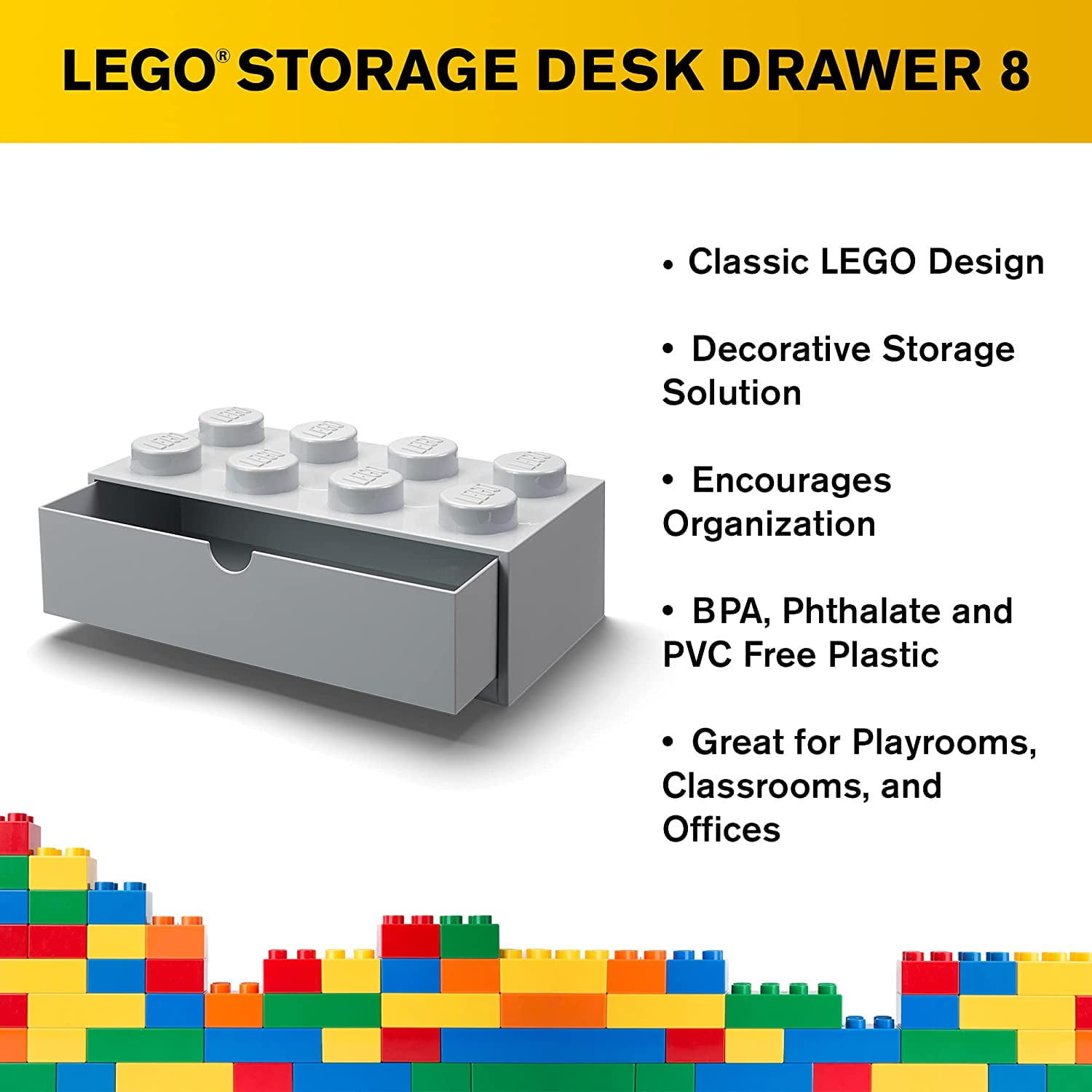LEGO Desk Drawer Stackable Storage with 8 Knobs, Grey