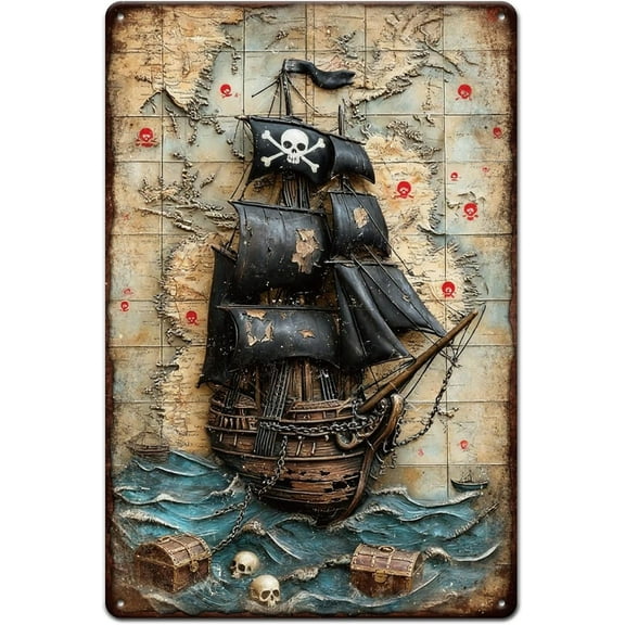 Vintage Pirate Ship Metal Tin Sign 12x8inch Skull Ocean Tin Signage Decor Signs Retro Treasure Chest Wall Metal Plaque for Home Room Farmhouse Cafes Bar Hallway Decoration