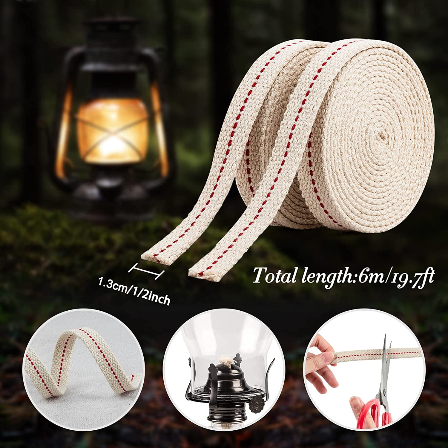 Oil Lamp Wicks 3/4 inch Oil Lantern Kerosene Flat Cotton Wick 33 Feet Roll  Replacement for Paraffin Oil Lamps with Genuine Red Stitch 