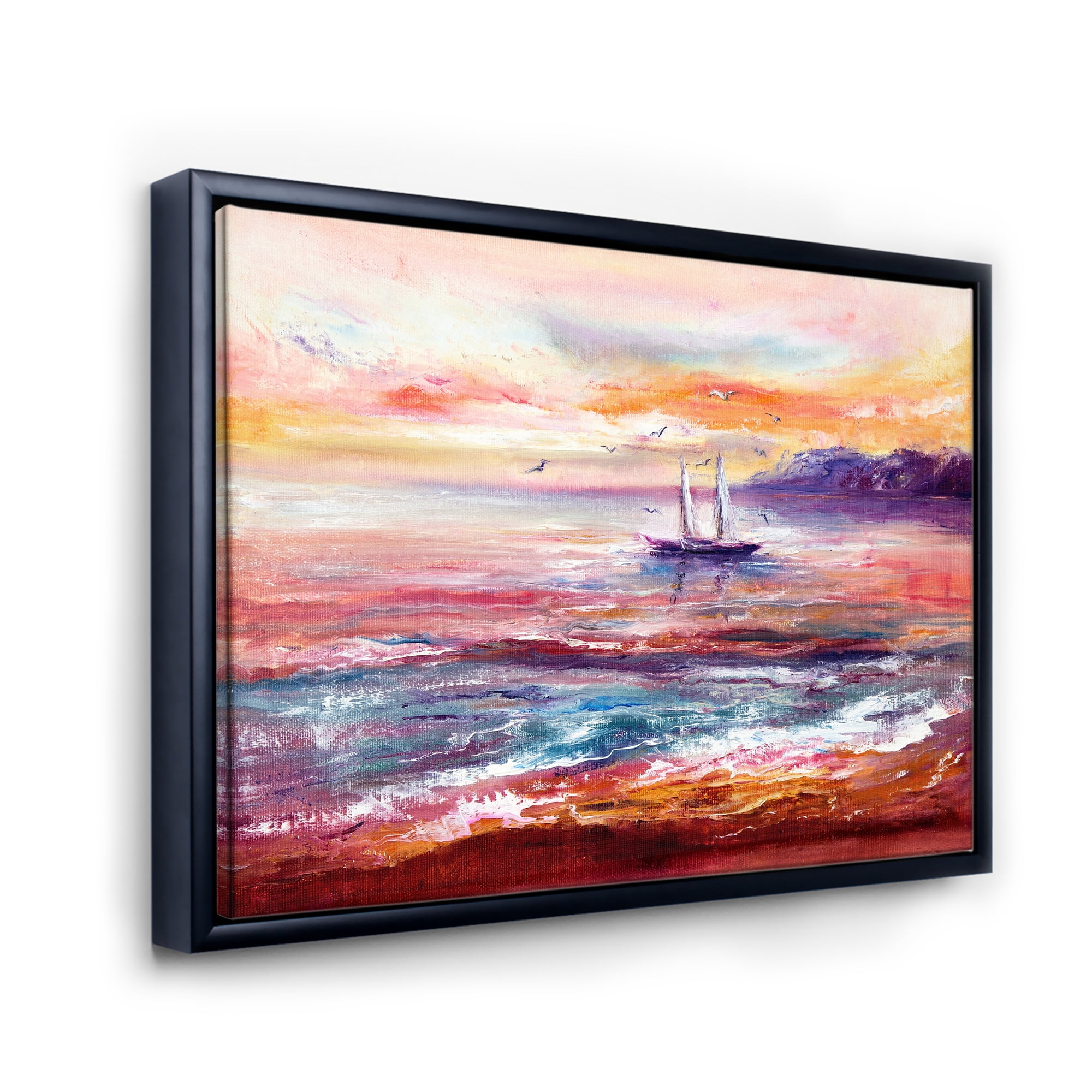 Designart 'Boat On The Ocean During VIbrant Sunset Glow' Nautical & Coastal Framed Canvas Wall Art Print