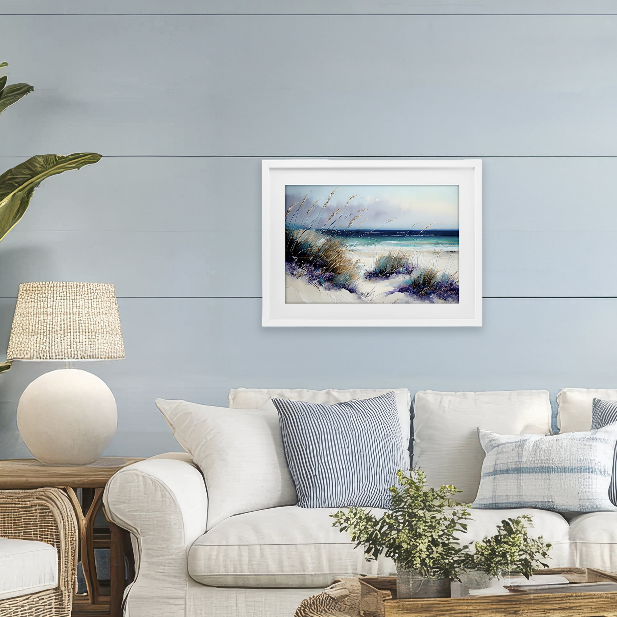 Euphoria Beach Dunes White Framed Print Under Glass, design by Sasha