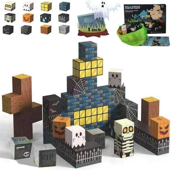 WJCA Halloween Magnetic Blocks Toys - Skeleton & Spooky Town Building Tiles Party Favors Gift for Kids, Boys, Girls & Adults