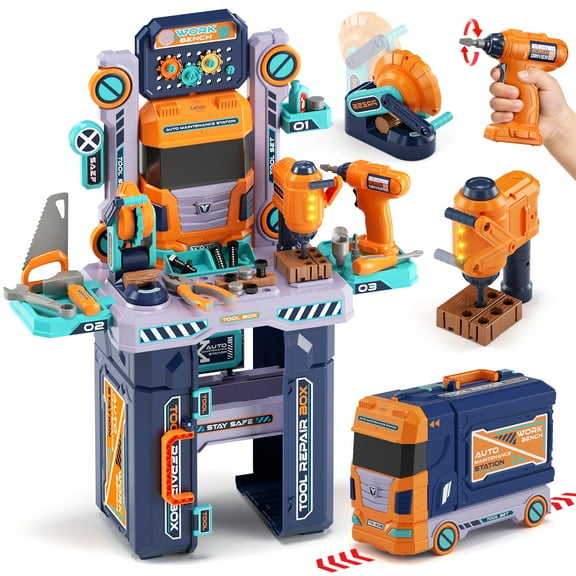 Kids Tool Bench Play Set, Foldable Kids Workbench with Realistic Tools & Electric Drill, Stores as a Truck, Kids Tool Set, Educational Toys, Construction Toys for Boys Age 2 3 Birthday Gifts
