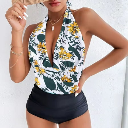 

Leutsin Bodysuit for Women Tummy Control Shapewear Seamless Women Sexy Color Block Printing Backless Bikini One-Piece Swimwear Swimsuit Beachwear Set