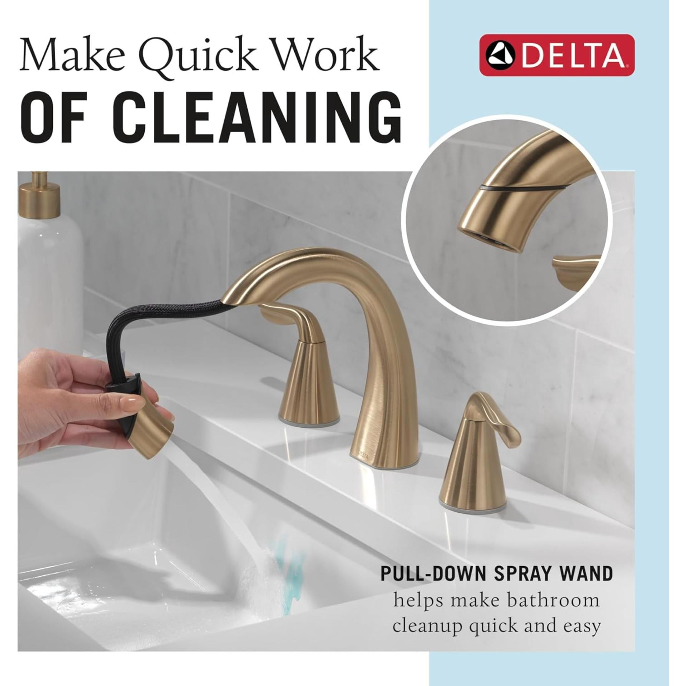 Delta Arvo Brushed Gold Bathroom Faucet with Sprayer, 8 Inch 3 Hole Widespread Bathroom Sink Faucet with Pull Out Sprayer, Push-Pop Drain, Champagne Bronze