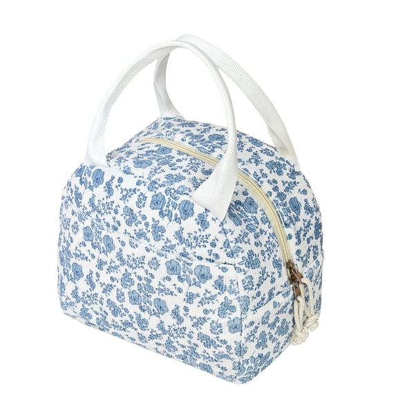 Btomtd Lunch Box for Women, Floral Pattern Insulated Portable Lunch Bag, Large Capacity Lunch Tote for Students, Office, Picnic, Outdoor, Blue