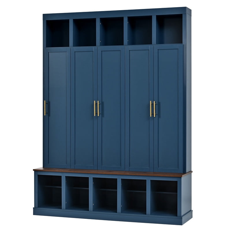 Farmhouse Hall Tree with 5 Doors and Top Storage Compartments, Entryway Coat Rack with Hooks, Mudroom Bench with Shoe Cubbies for Hallway Living Room