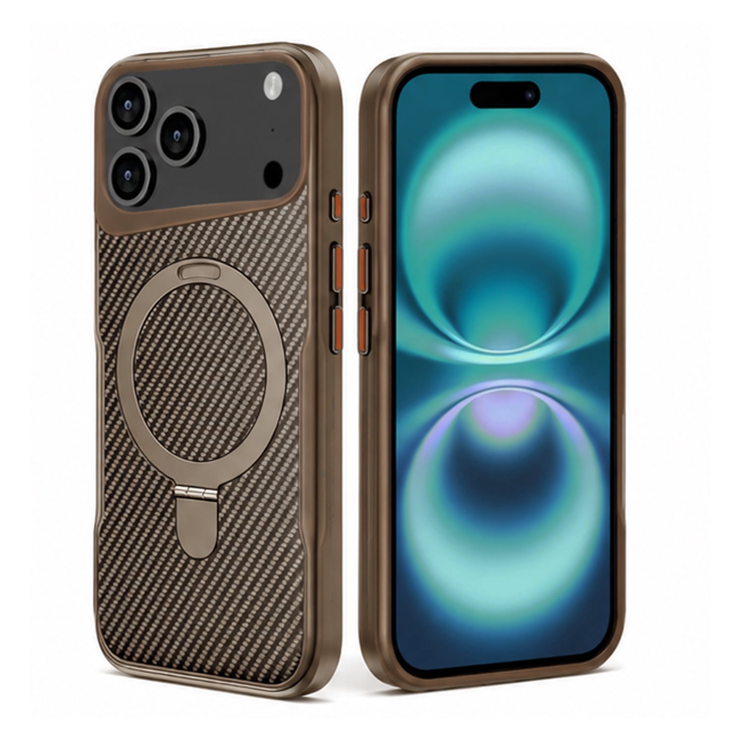Durable Carbon Fiber Magnetic Kickstand Case for iPhone 17 Pro Max - Gold