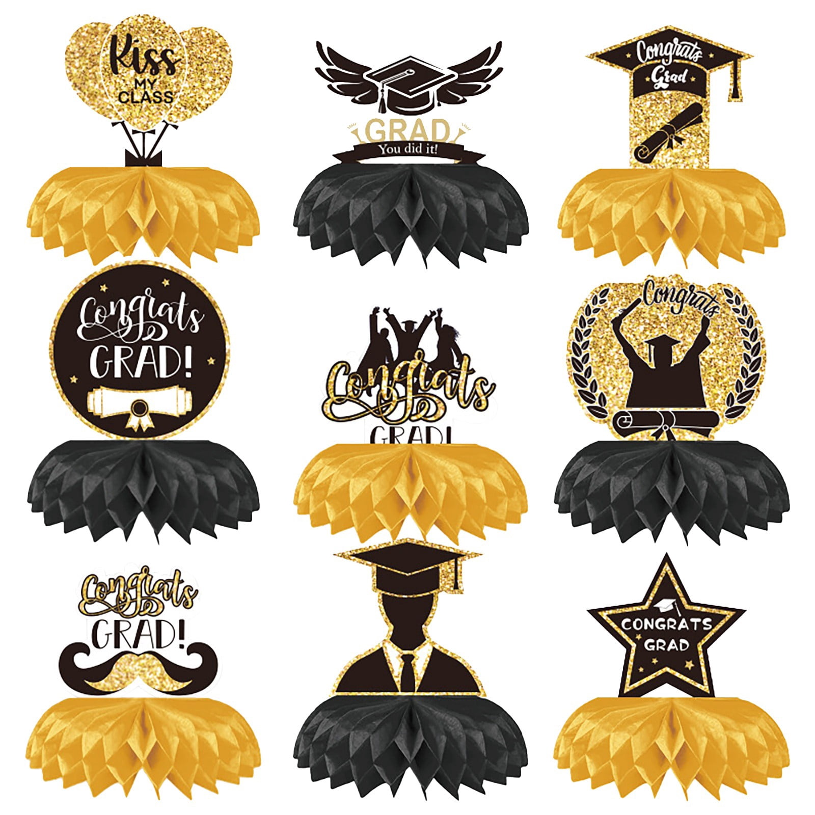 ERTZAE Graduation Table Centerpieces,Grad Table Toppers,Grad Honeycomb Decor,Congrats Grad Table Decor,9PC Black & Gold Graduation Honeycomb Centerpieces 6x4.7Inch,Class of 2026 Table Decorations