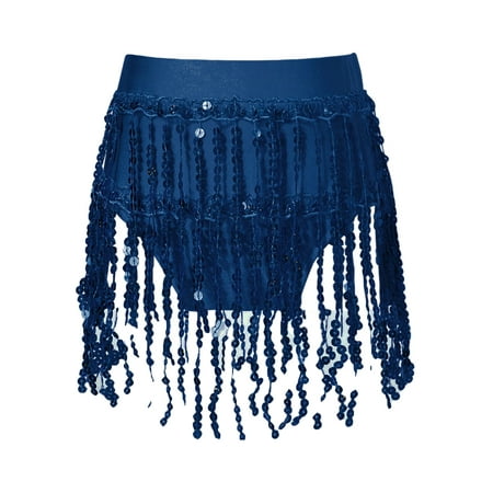 Alvivi Kids Girls shorts Elastic Waistband Sequin Tassel Briefs Bottoms for Dance Performance Competition Gymnastics Sparkle Shiny Hip Hop Cheerleading Navy Blue 12