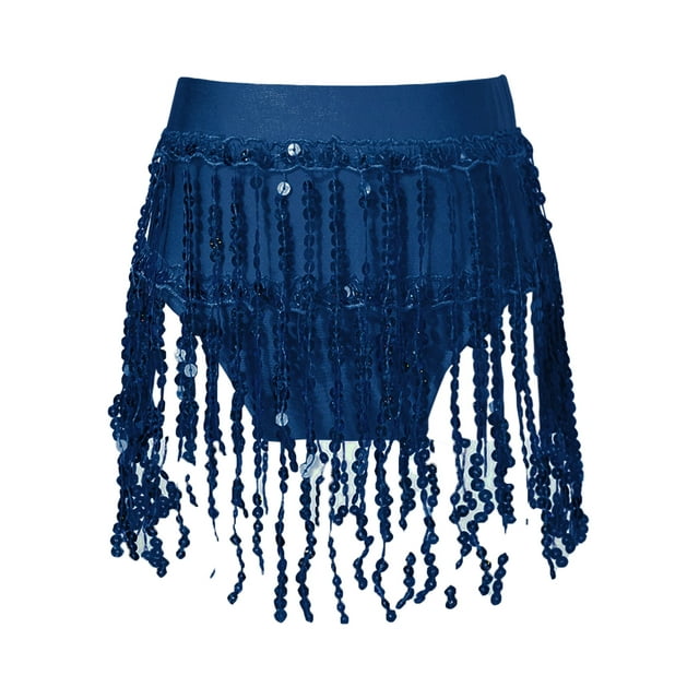 XUNZOO Jupes de Danse du Ventre à Sequins et à Franges pour Filles, Jupe Foulard de Hanche, Jupe de Performance Samba Rumba avec Culottes Bleu Marine 8