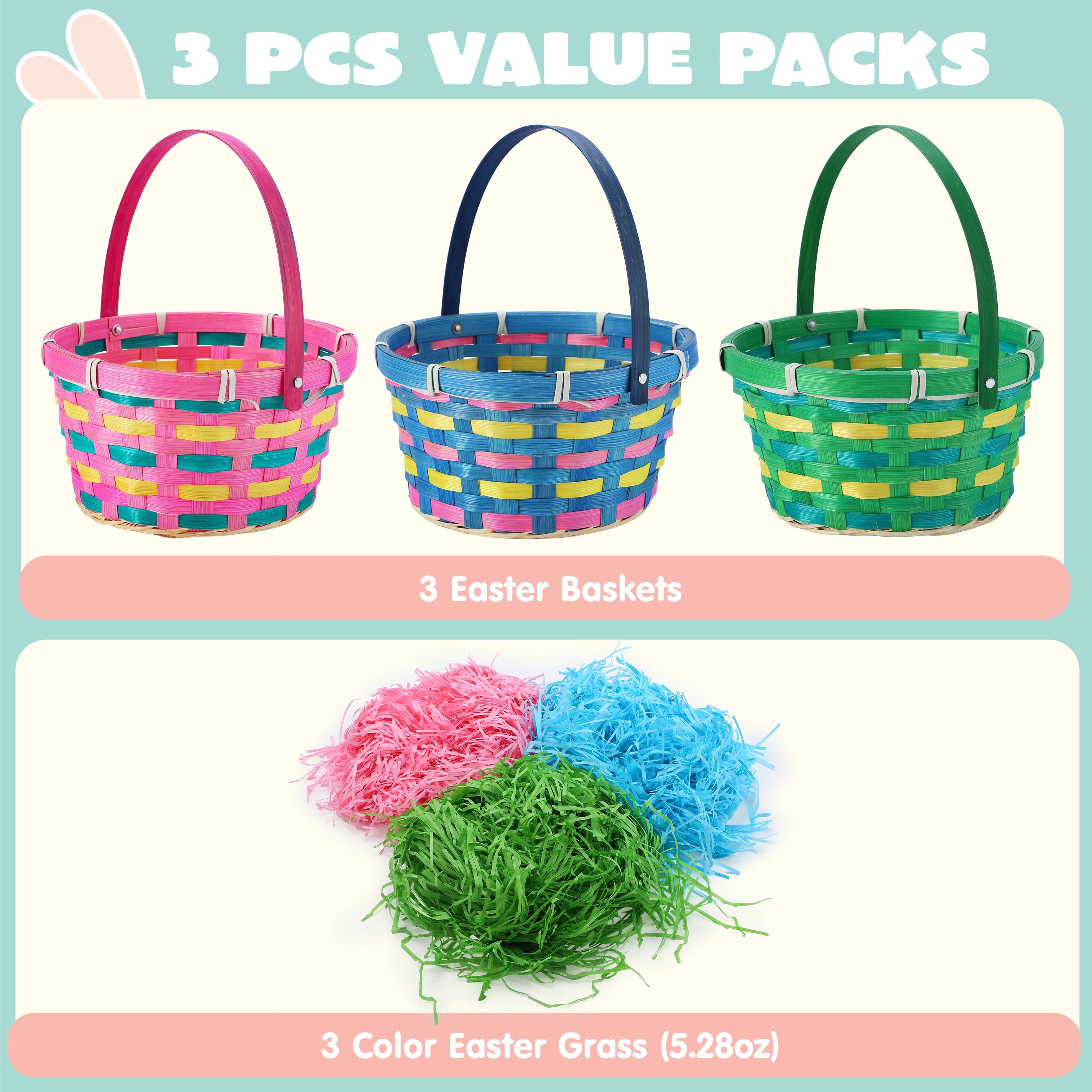 Joyfy 3 Pcs Easter Baskets for Kids,Easter Woven Basket with 3 Colors Grass,Handmade Woven Easter Basket with Handle for Easter Egg Hunt,Filling with Party Favors