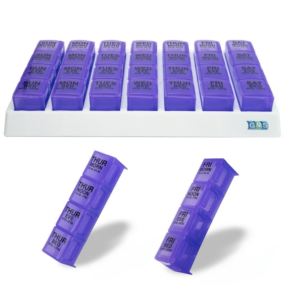 Group Medical Supply 4 Times Per Day Weekly Slant Tray Pill Organizer - Includes 7 Removable Pill Boxes for Organizing and Reminding Medications (Purple)