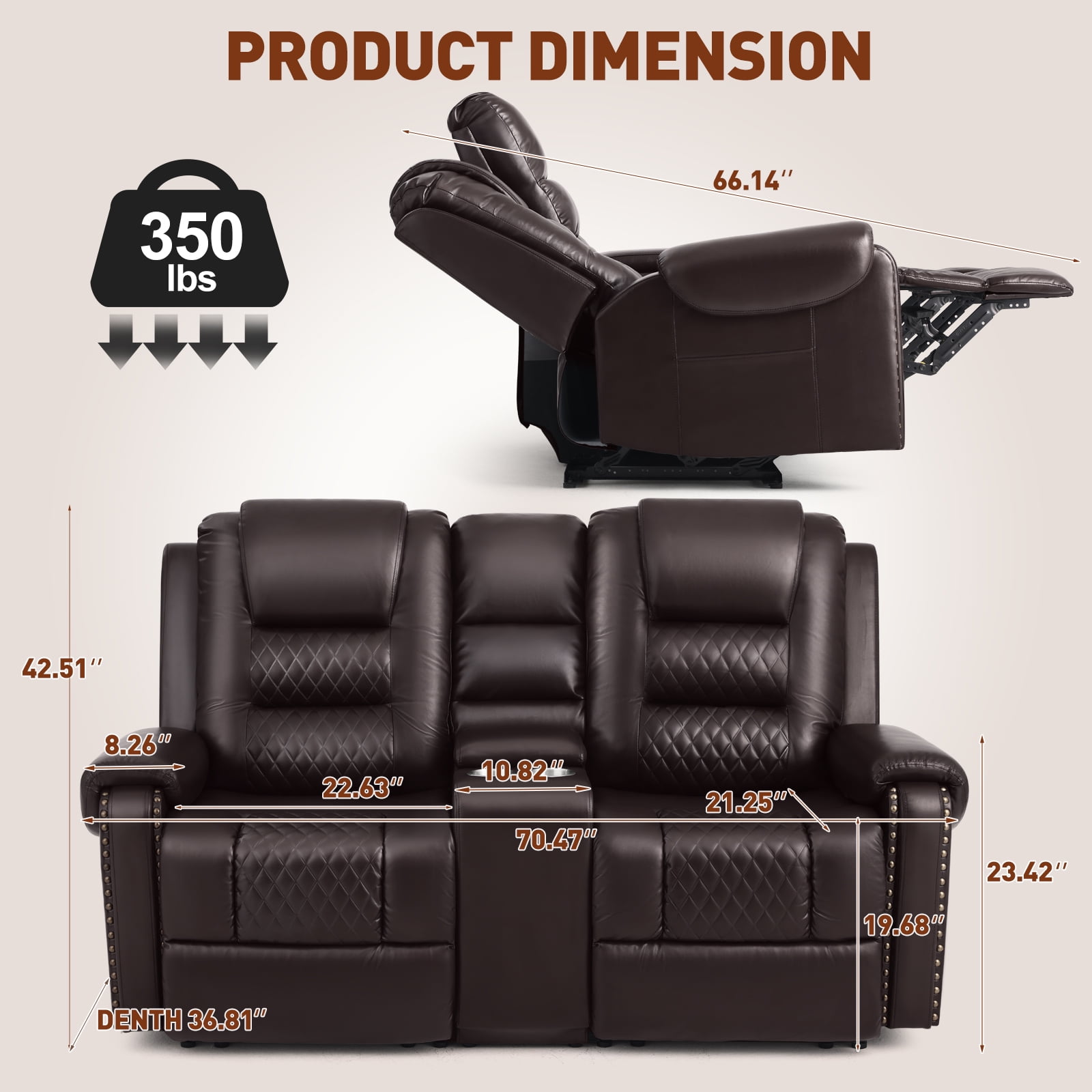 COSVALVE Electric Massage Heating Manual Recliner Loveseat Ergonomic Lumbar 2 Seaters Sofa with Remote Control, 2 Cup Holders (Brown)