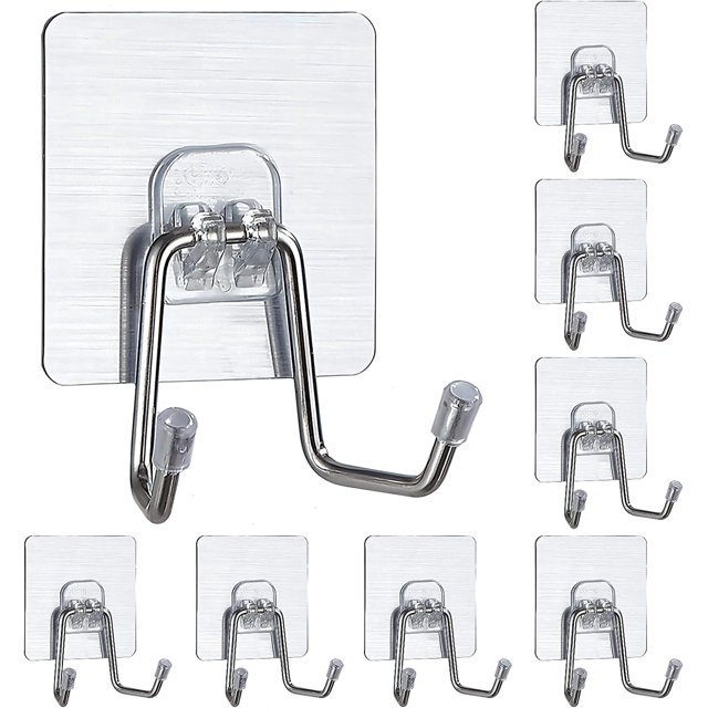 Paquete de 8 ganchos adhesivos grandes, máximo 120 lbs, gancho doble, ganchos para abrigos de toallas para el hogar, cocina, dormitorio, ba?o, oficina, techo, plateado ShuxiuWang 8390612214073