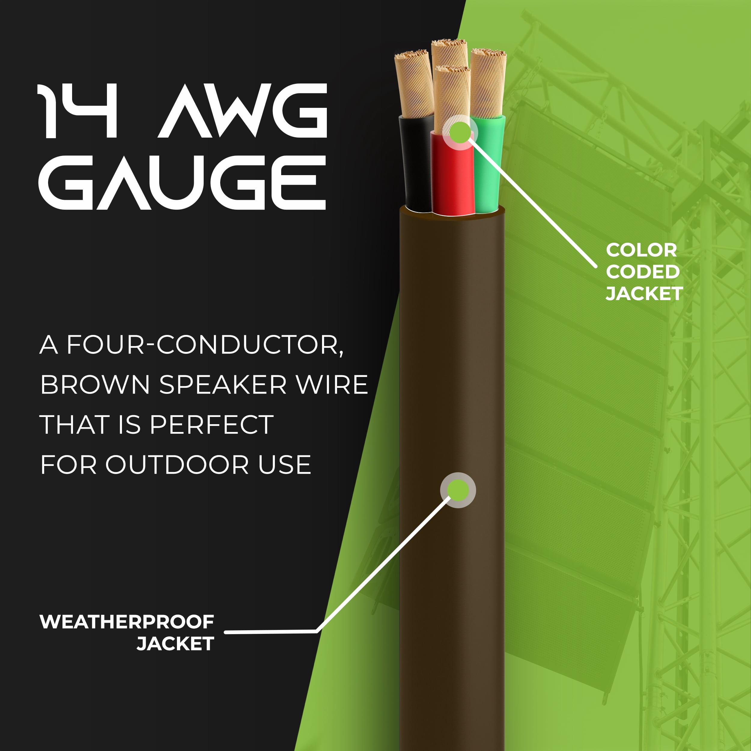 GearIT 14/4 Speaker Wire (100 Feet) 14AWG Gauge, Brown 4-Conductors / Outdoor Direct Burial in Ground / in Wall / CL3 CL2 Rated - OFC Oxygen-Free Copper, Brown 100ft