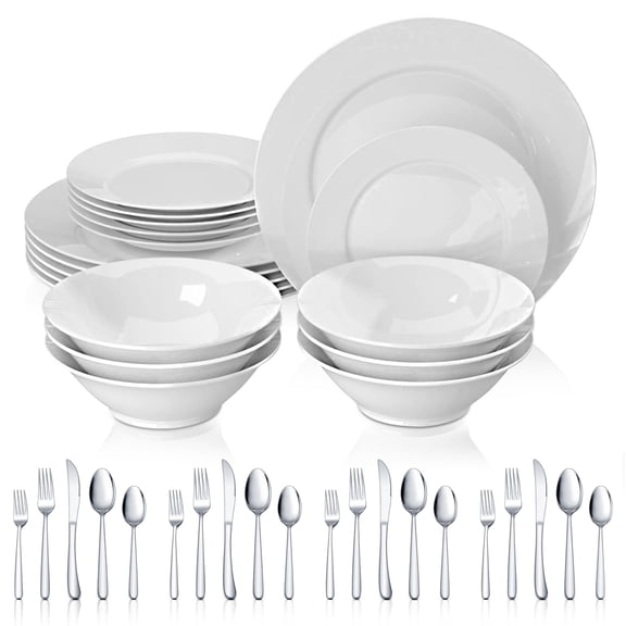 Open Box HadinEEon Porcelain Dinnerware Set, 18-Piece Plates and Bowls Set & 20-Piece Silverware Set, White - Microwave Safe