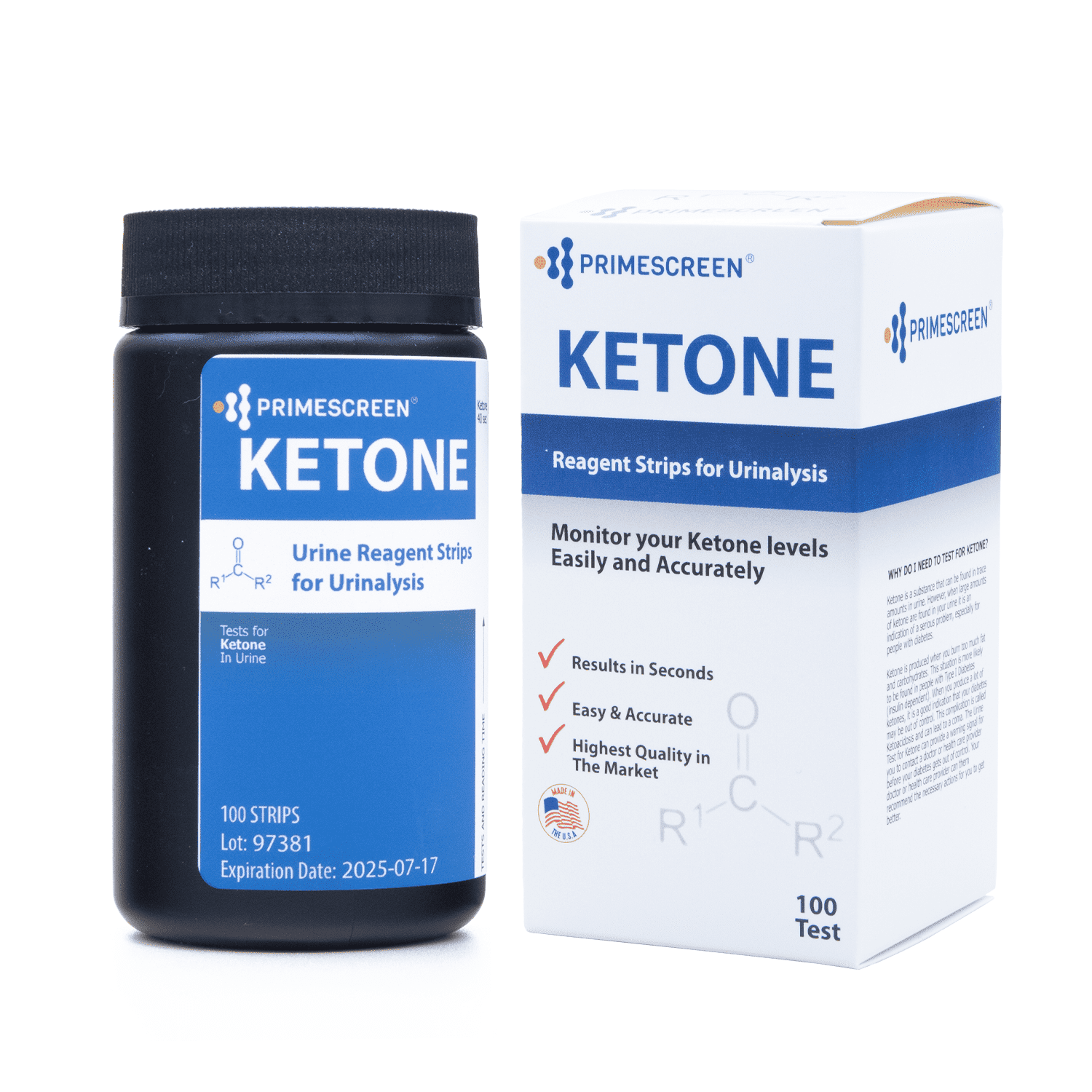 Prime Screen - Ketone Urine Test Strips for ketosis levels & Low-Carb Diets - 100 Tests (USA Made)