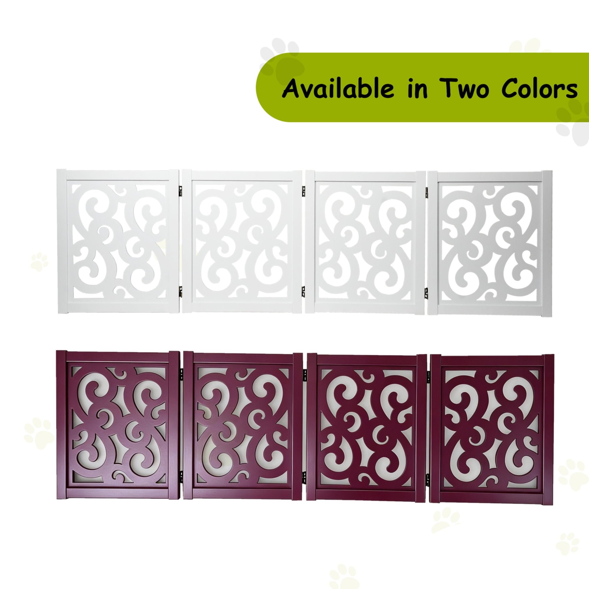Ashfield & Harkness: 4-Panel Pet Gate - Scroll White - Wooden Foldable Freestanding Dog Fence, 80 x 23.5", Doorways-Halls-Stairs, 360 Rotated Hinges
