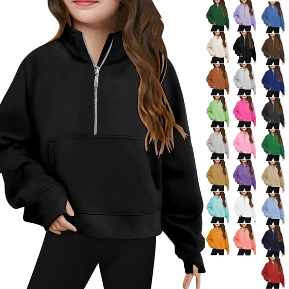 TGSLY Half Zip Sweatshirt for Girls Lightweight Stand Collar Solid Color Athletic Pullovers Loose Casual Long Sleeve Fall Tops with Pocket 9 Years