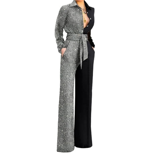 Skymirror Turn-Down Collar Long Sleeve Wide Leg Women Jumpsuit Shiny Patchwork Color Belt Pockets Jumpsuit Streetwear