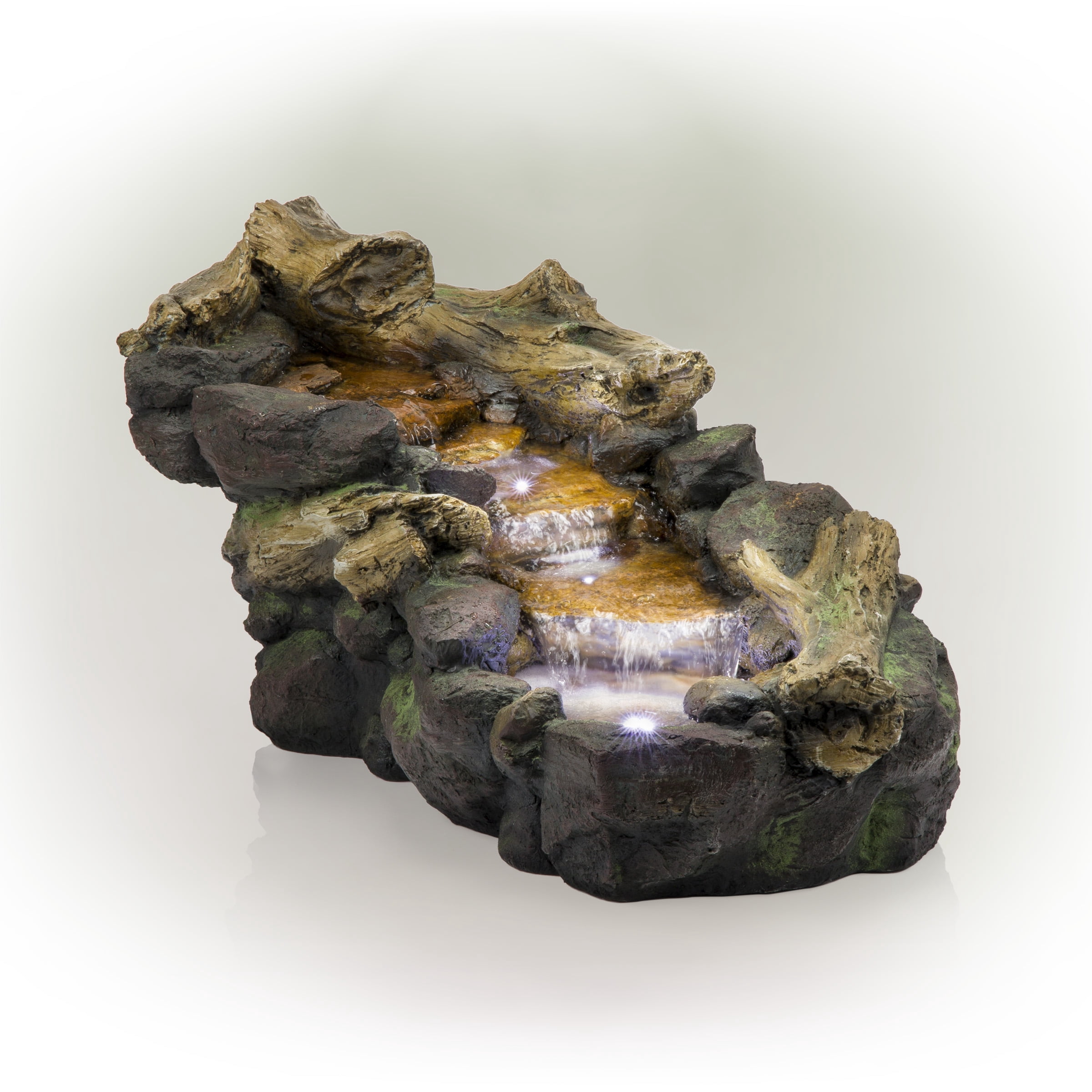 Alpine Corporation 41" Long Indoor/Outdoor River Rock and Log Fountain with LED Lights