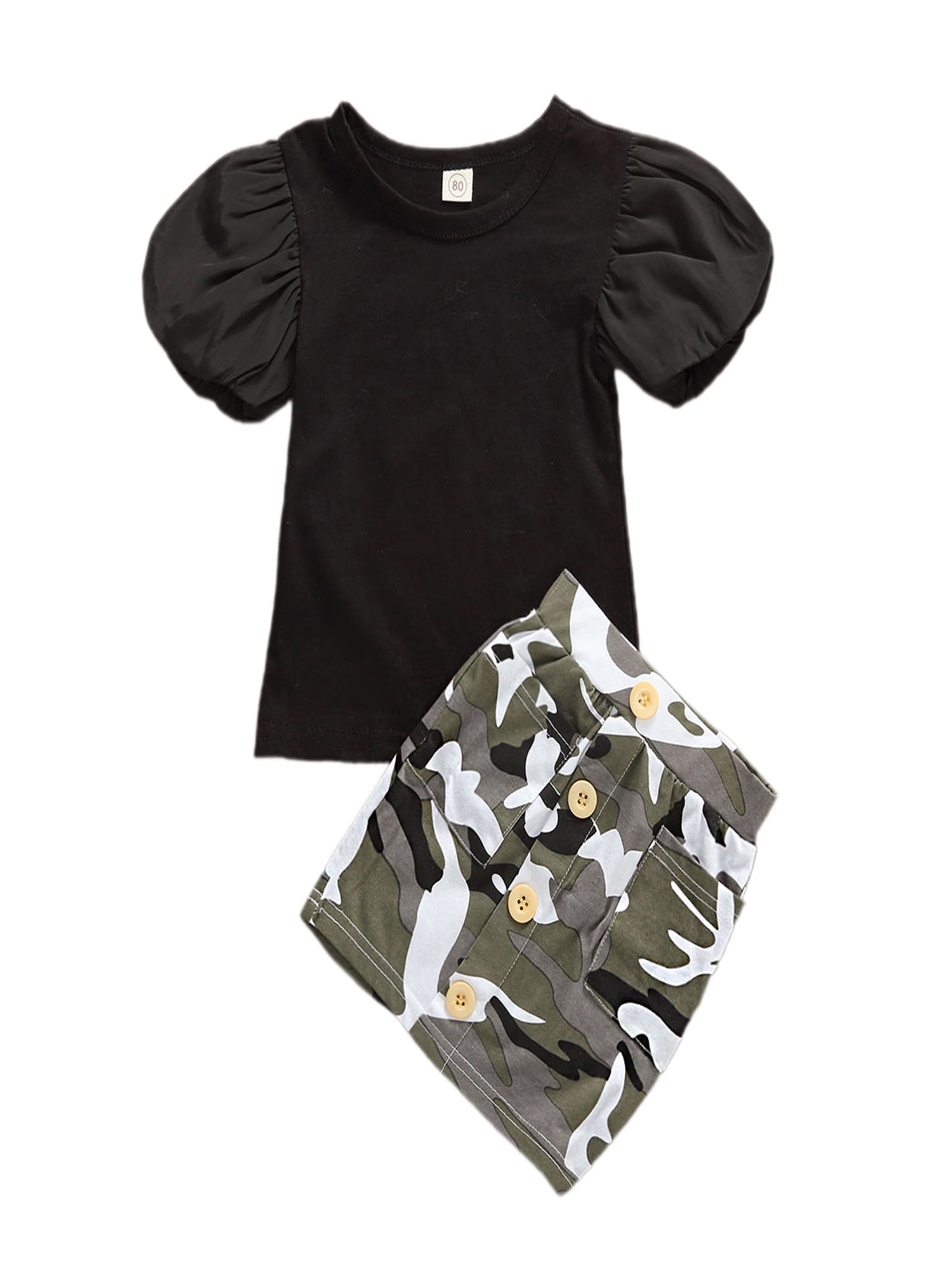 2Pcs Kids Baby Girls Short Sleeve T-shirt Tops+Camo Skirt Summer Outfits Clothes 