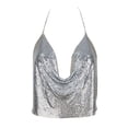 thumbnail image 2 of Fortune Women Sequins Camisoles Backless Halter Crop Tops Clubwear Ruched Deep V Neck Tops, 2 of 6