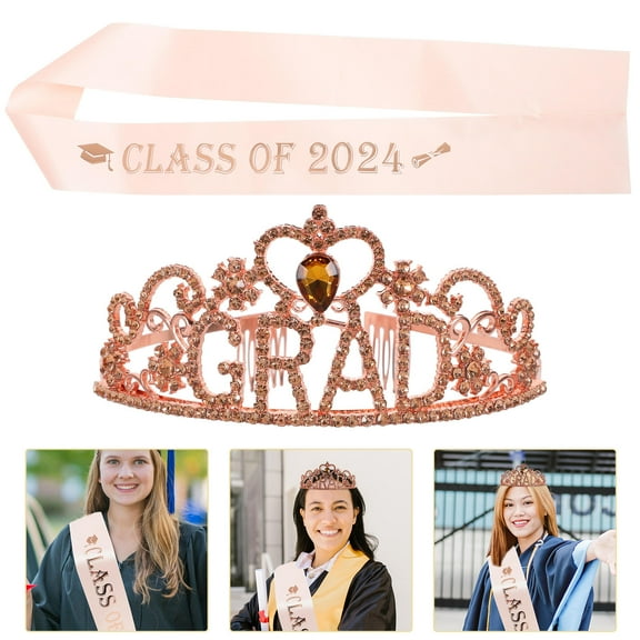 CATIEBYE 1Set Graduation Shoulder Sash and Rhinestone Crown in Rose Plated Gold Party Accessory
