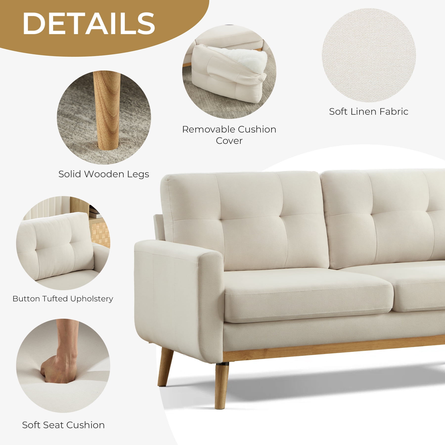 Ebello 2-Seater Sofa with Detachable Back Cushion, Fabric Upholstered Loveseat with Soft Seat Cushion for Living Room, Apartment, Office – 3 Colors (Beige)
