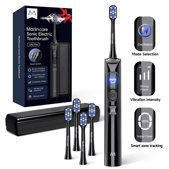 Marlincare Sonic Electric Toothbrush for Adults with Smart Display, Pressure Sensor, 180-Day Battery, 3 Intensity Levels & 5 Modes,Black