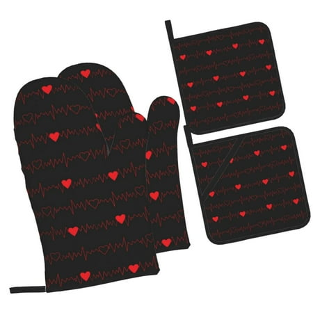 

Zeuib Cardiogram and Heart Oven Mitts and Potholders BBQ Gloves Kitchen Oven Glove High Heat Resistant 500 Degree Extra Long Oven Mitts and Potholder with Non-Slip Silicone Surface for Cooking