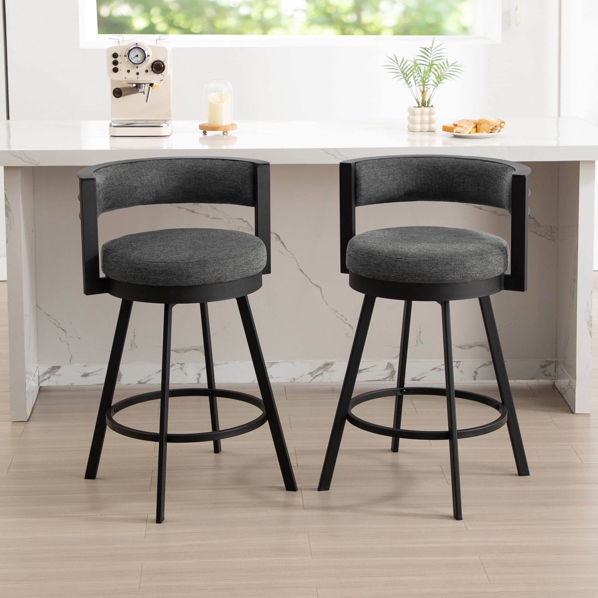 Zesthouse 26.6″ Swivel Bar Stools Set of 2, Linen Upholstered Counter Height Chairs with Barrel Back Metal Legs, Modern Barstools for Kitchen Island, Dark Gray