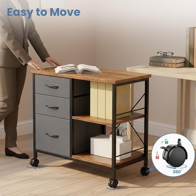 Simenmax 3-Tier Mobile Filing Cabinet, Heavy-Duty Printer Stand with Lockable Wheels & Fabric Drawers, Space-Saving Office Table for Home Office, Brown
