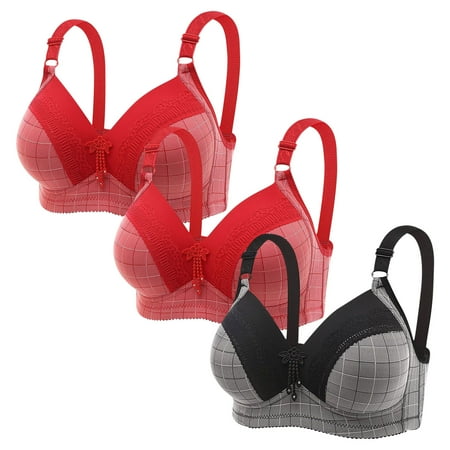 Lisbinx Bras for Women Full Coverage 3PC Women Plus Size Lace Stitching Plaid Printing Non-Steel Ring Non-Magnetic Buckle Underwear Bra Seasonal Discounts