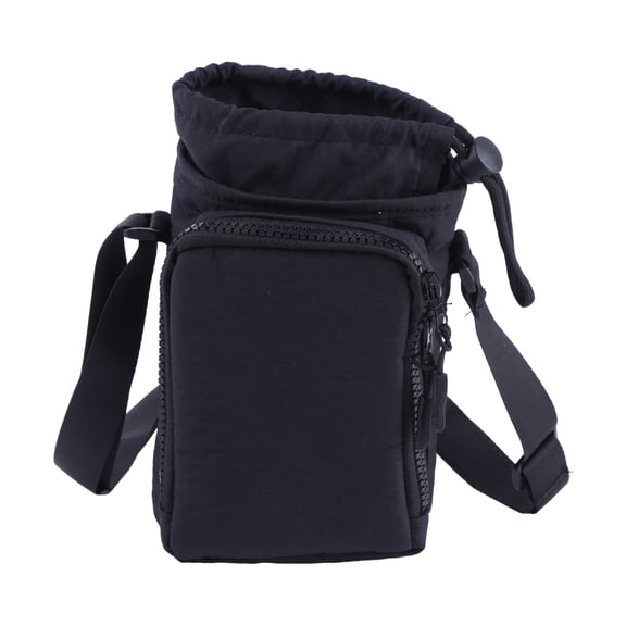 Water Bottle Holder with Strap Adjustable Strap Crossbody Water Bottle Bag with Front Pocket Drawstring Water Bottle Carrier for Hiking Camping (Black)