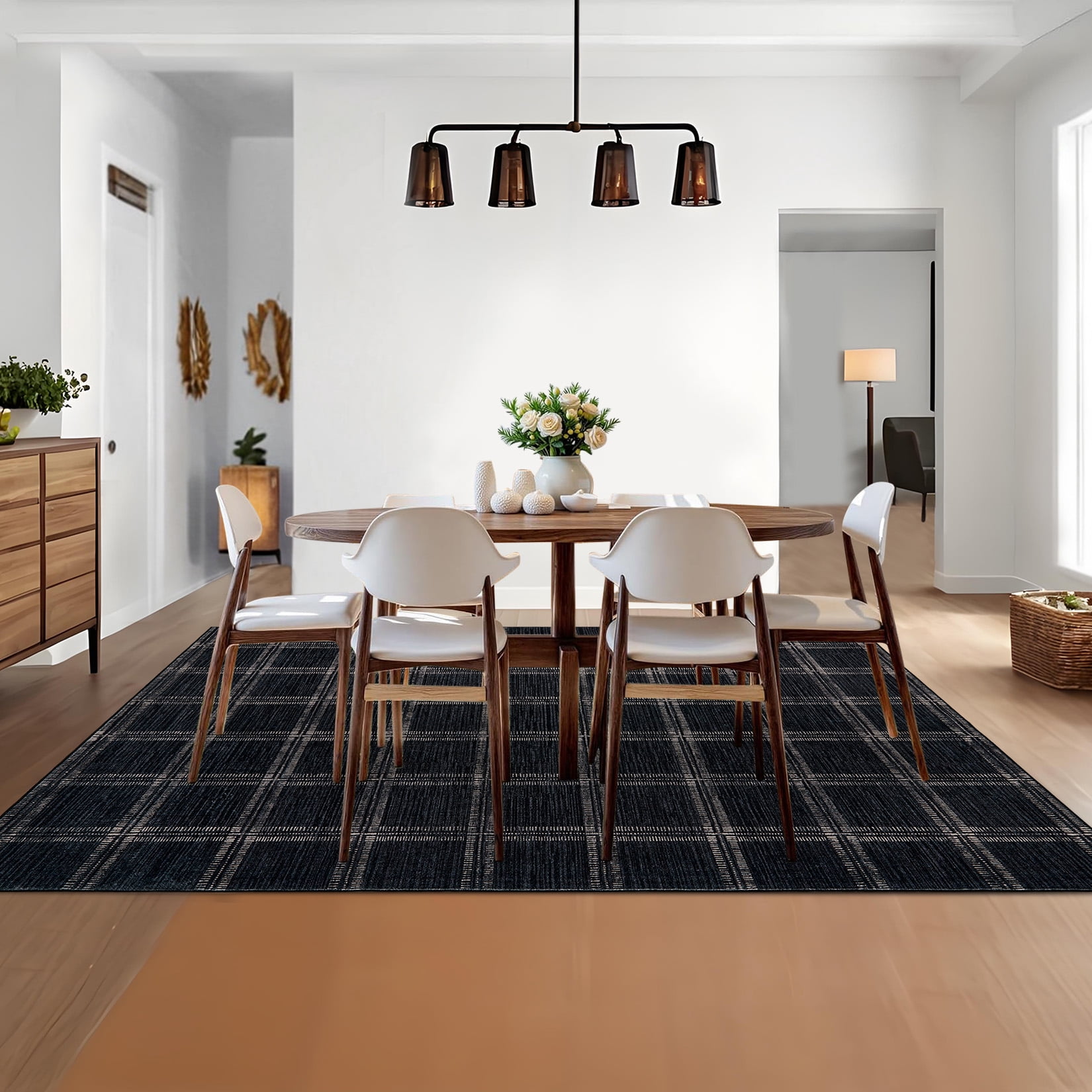 Garvee 10'x13' Area Rug Modern Striped Geometric Carpet, Washsble Plaid Rug Non Slip Stain Resistant Indoor Floor Mats for Living Room Bedroom Dining Room, Black