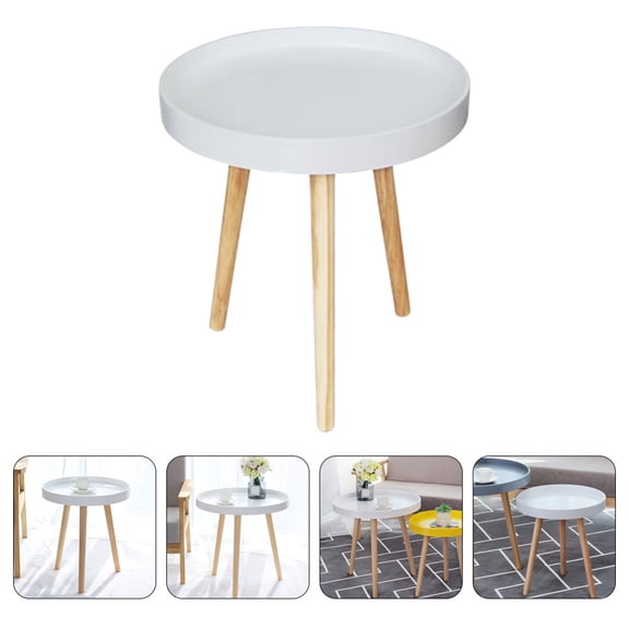 TABLZONE Small White Round Wooden Tea Table with Corner Storage for Living Room and Balcony