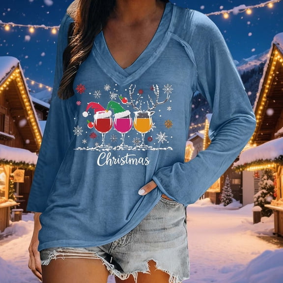 FDGIU Cute Christmas Graphic Tee for Women, Long Sleeve Crewneck Blouse, Cozy Loose Fit for Holiday Parties
