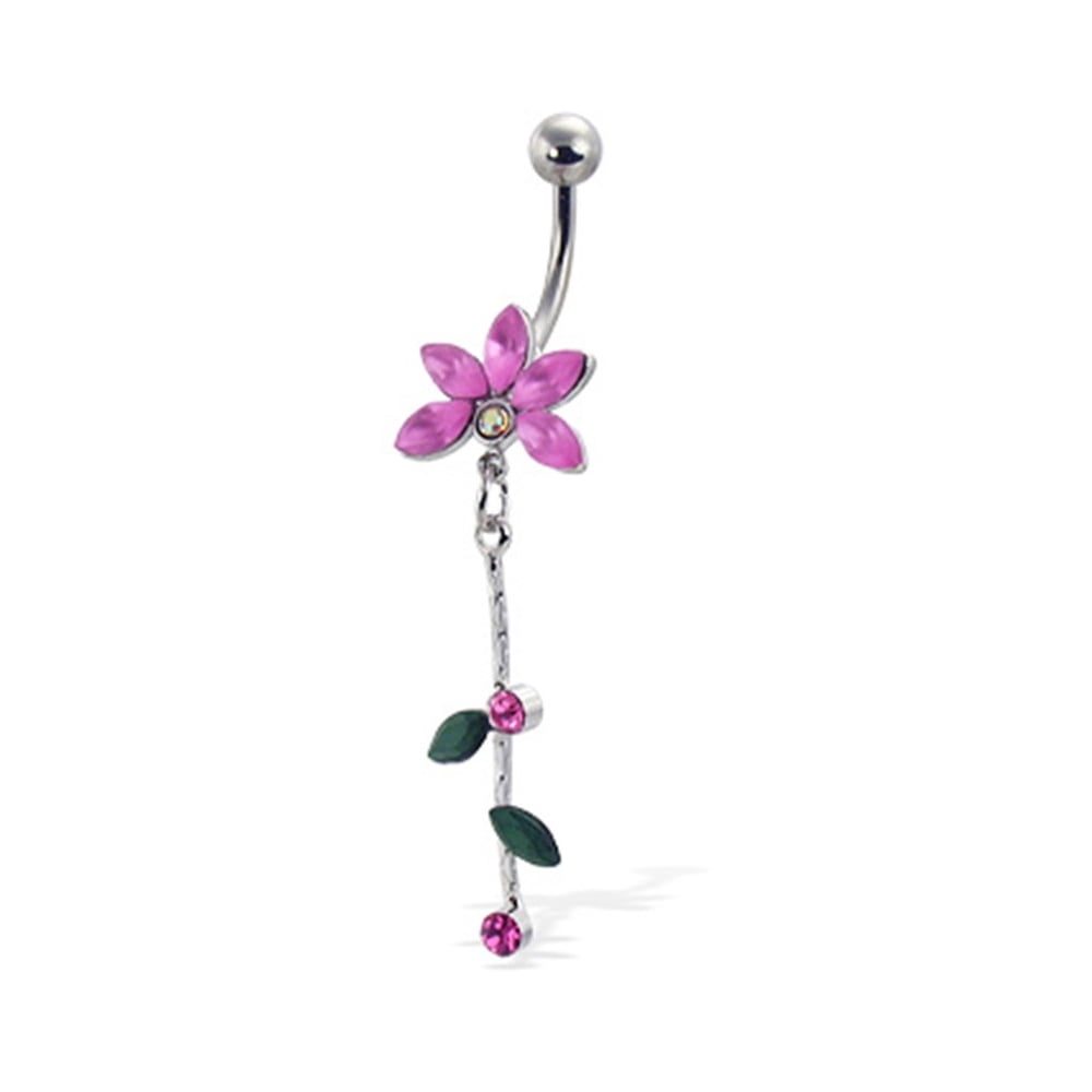 MsPiercing Flower Belly Button Ring With Gems And Leaves On A Dangle