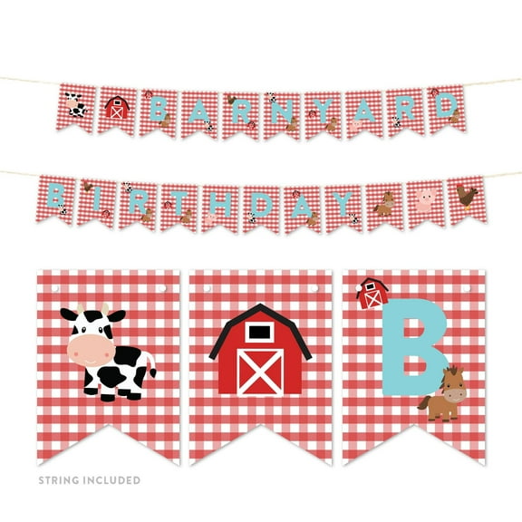 Red Farmhouse Barnyard Birthday, Hanging Pennant Party Banner with String, Barnyard Party, 5-Feet, 1 Set