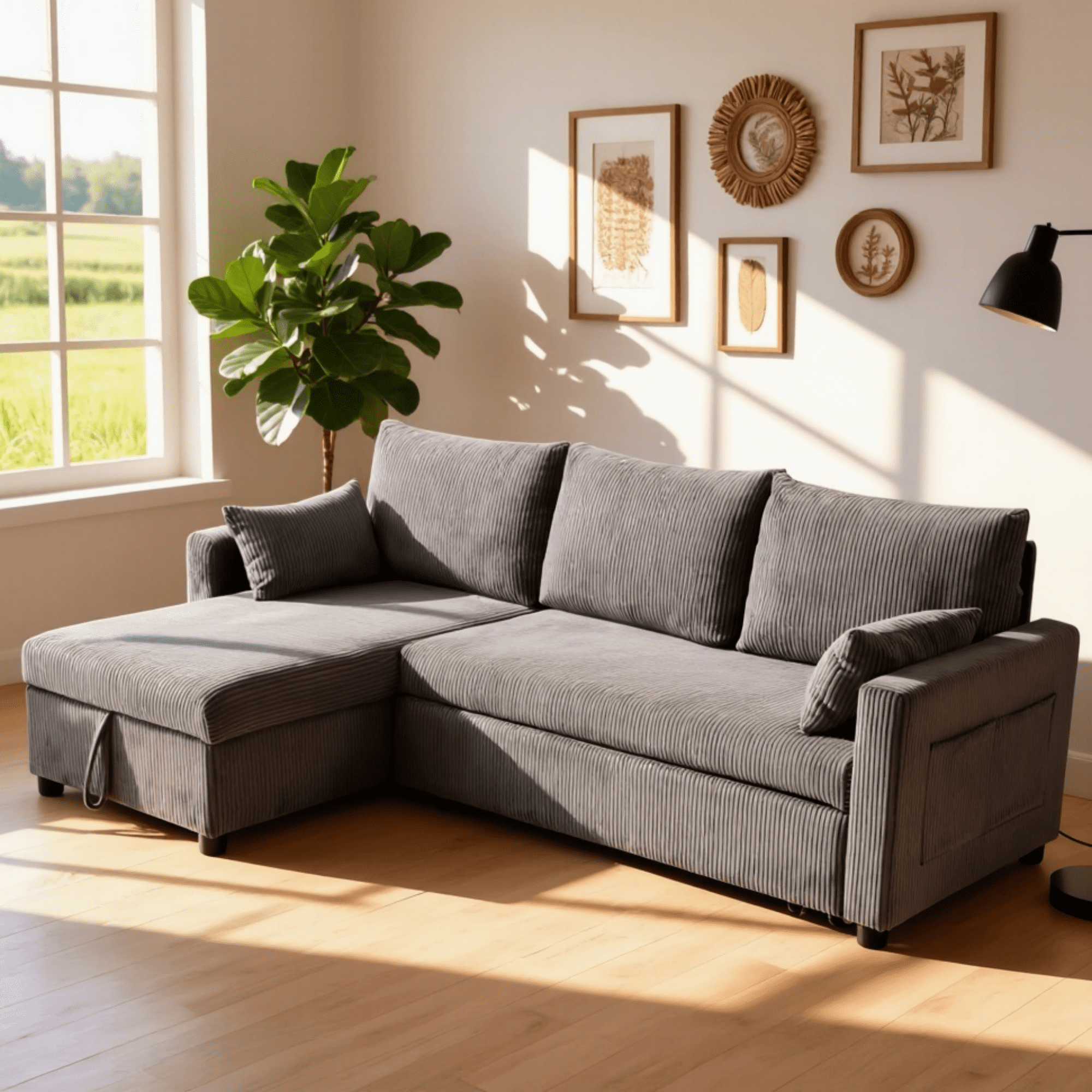 BSHTI L-Shaped Pull Out Sleeper Sofa Bed with Storage Chaise – 3-Seater Convertible Corduroy Sectional Couch for Small Living Room, Apartment, or Office, Dark Gray
