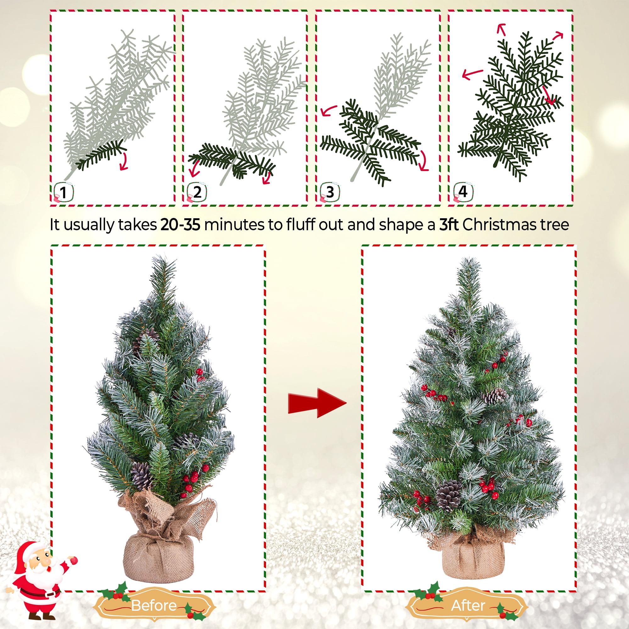 Alden Design Set of 2 3FT Frosted Tabletop Christmas Trees with Warm White LED Lights, Pinecones & Berries, Green
