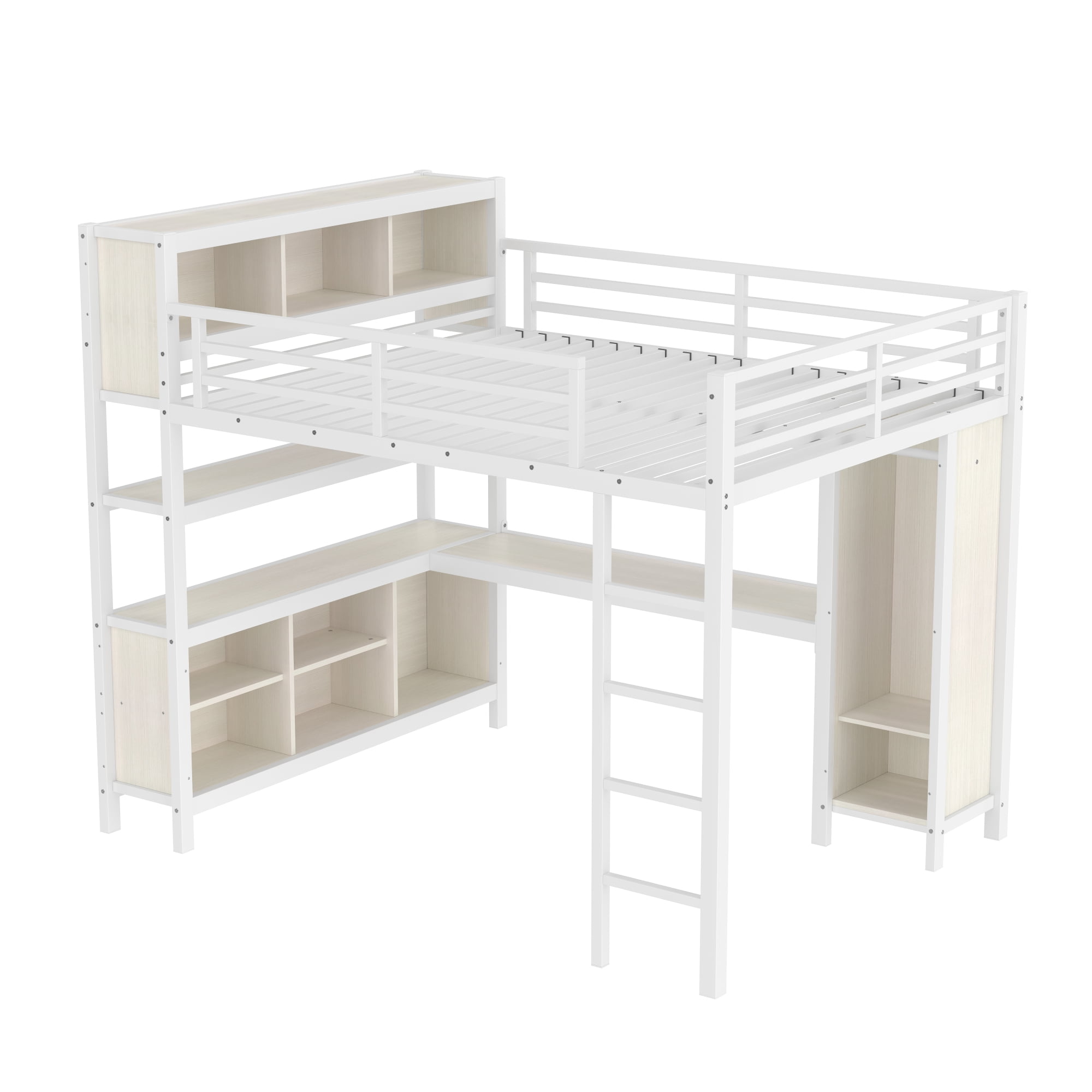 Queen Size Loft Bed with Wardrobe And L-shaped Desk, Metal Loft Bed with Storage Cubes and Shelves, Heavy Duty Loft Bed for Kids Teens Adults, White