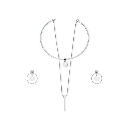 - Rhodium Flashed Base Metal Ball Bead Bar Open Circle Choker Necklace and Earrings Set