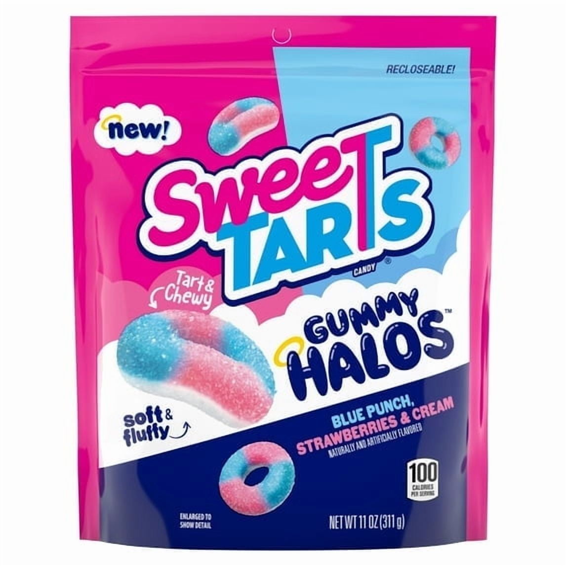 SweeTARTS Gummy Halos, Candy, Blue Punch and Strawberries and Cream, Tart and Chewy, Soft and Fluffy, 11 oz Bag - 4 Pack